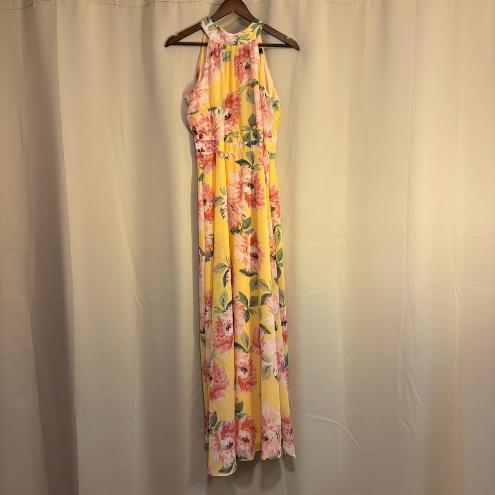 NWT Leslie Fay Yellow Floral Halter Band Tie Back Elastic Smock Maxi Dress
